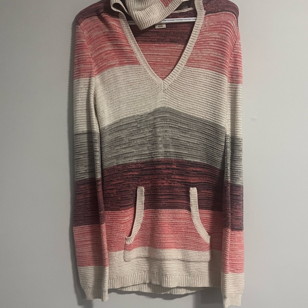 Roxy Striped V-Neck Sweater - Pink, Cream, Gray - Picture 5 of 5